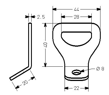 Schéma technique du produit Crochet patte fixe 45° - 1 trou